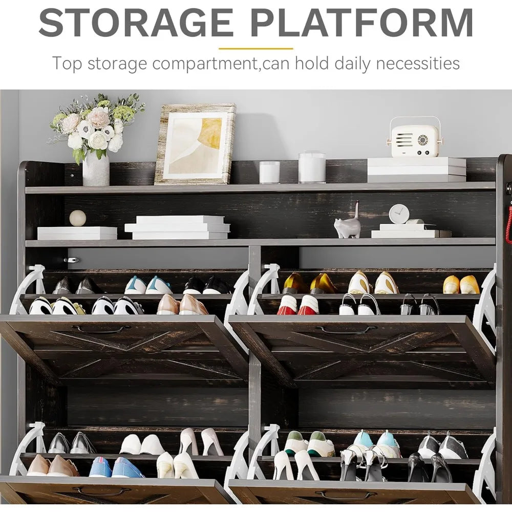 Rustic Oak Shoe Organizer Cabinet