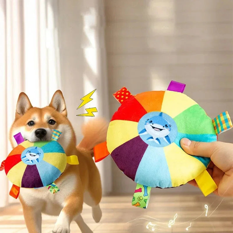 Rainbow Plush Dog Frisbee Fun