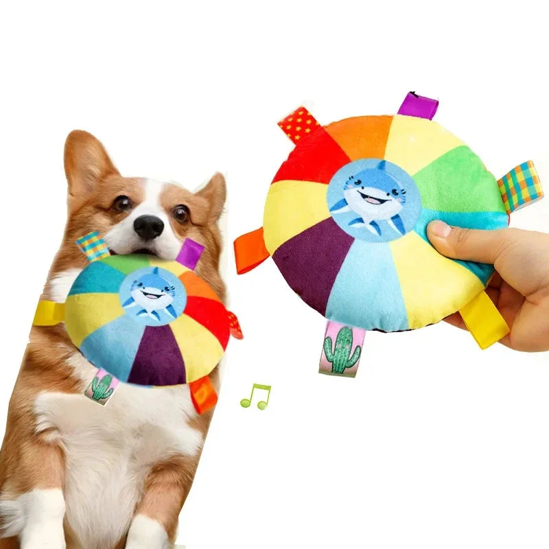 Rainbow Plush Dog Frisbee Fun