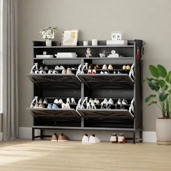 Rustic Oak Shoe Organizer Cabinet
